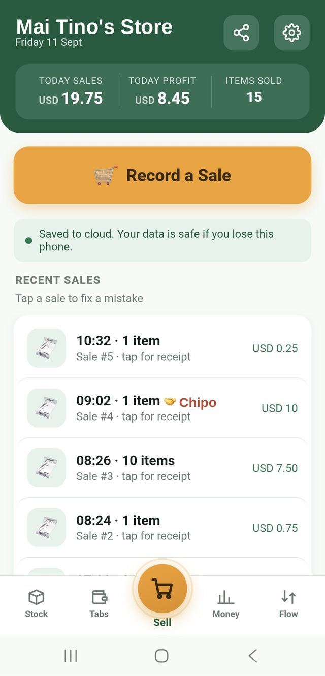 Sell page with recent sales