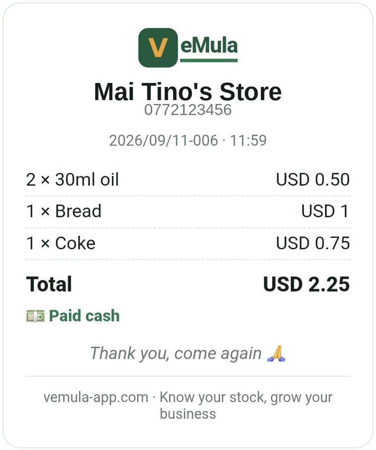 A real VeMula receipt from the app — shop name, items, total, paid cash